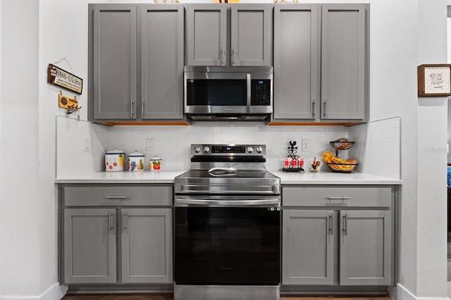 kitchen with gray cabinetry and stainless steel appliances