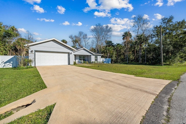 single story home with a front yard and a garage
