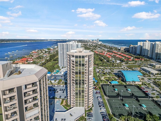 bird's eye view with a water view