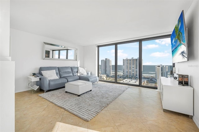 tiled living room with expansive windows