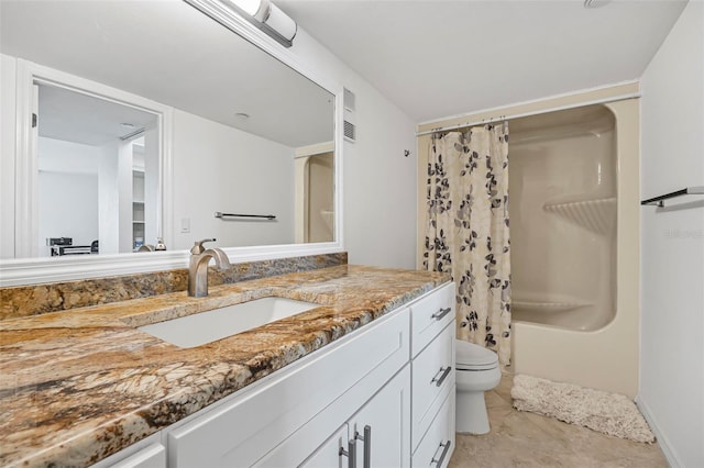 full bathroom featuring tile patterned flooring, vanity, shower / bath combination with curtain, and toilet