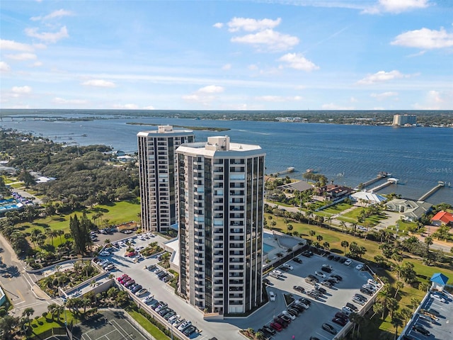 aerial view featuring a water view