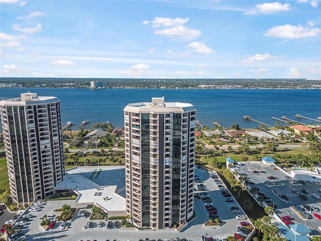 birds eye view of property featuring a water view