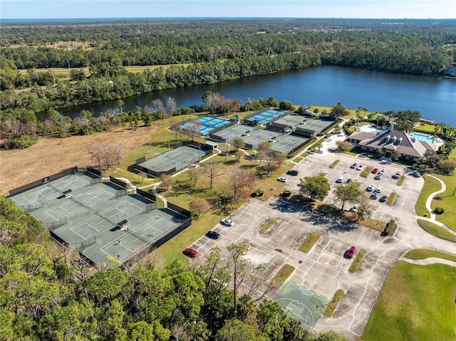 birds eye view of property featuring a water view