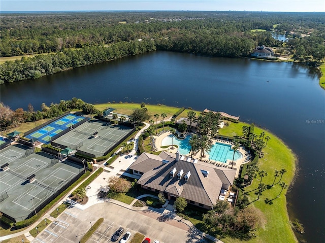 birds eye view of property featuring a water view