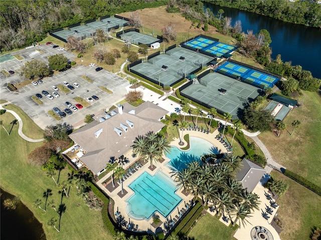 drone / aerial view featuring a water view