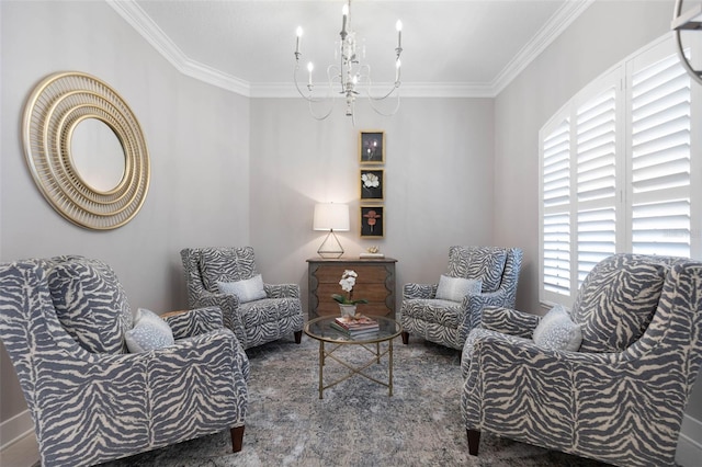 sitting room featuring a chandelier, carpet, a wealth of natural light, and ornamental molding