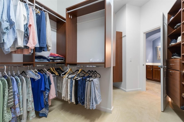 spacious closet featuring light colored carpet