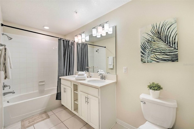 full bathroom with tile patterned flooring, shower / bath combination with curtain, a textured ceiling, toilet, and vanity