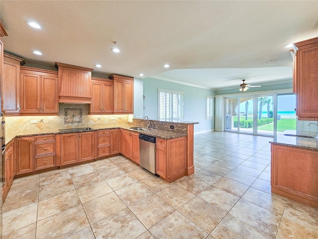 kitchen with dishwasher, custom exhaust hood, sink, ornamental molding, and kitchen peninsula