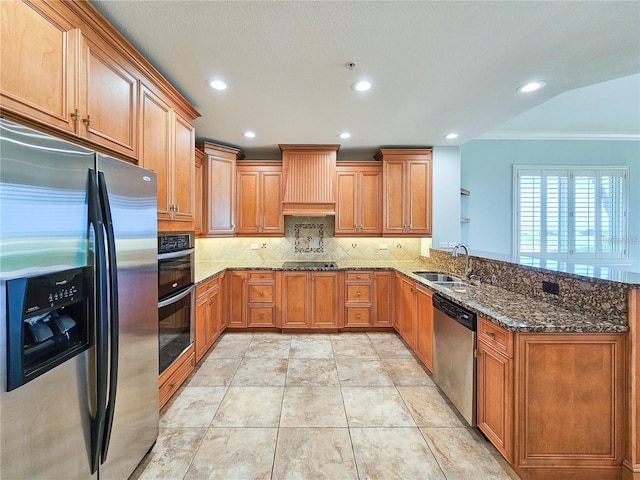 kitchen featuring kitchen peninsula, custom exhaust hood, stainless steel appliances, crown molding, and sink