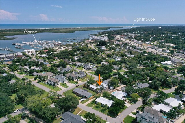 drone / aerial view with a water view