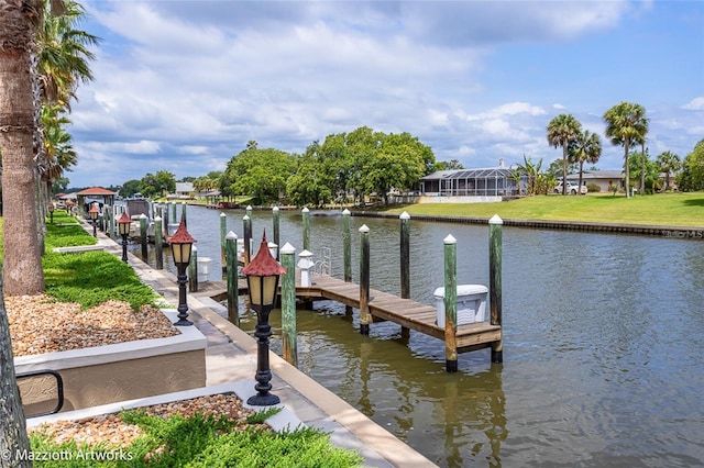 dock area featuring a water view and boat lift