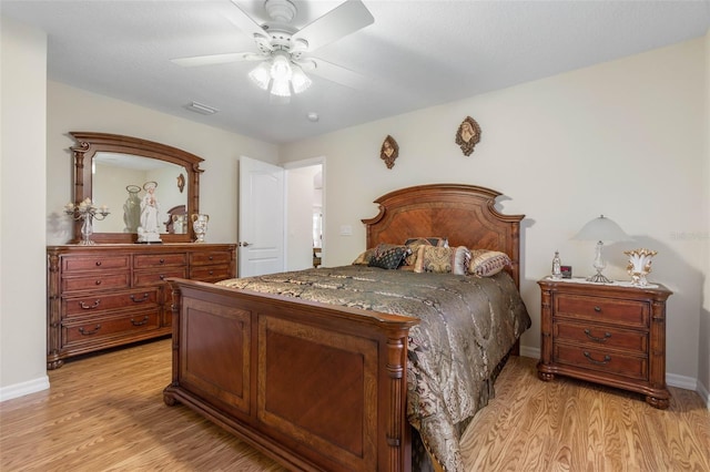 bedroom with ceiling fan and light wood-type flooring