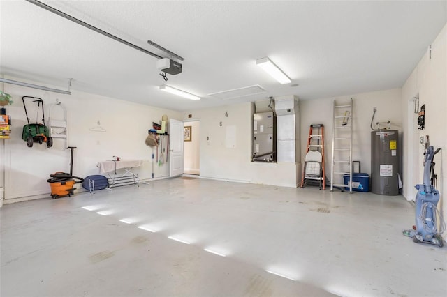 garage with electric water heater, a garage door opener, and heating unit