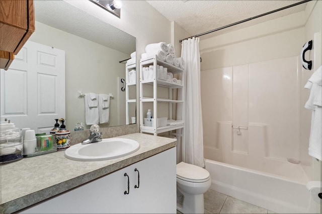 full bathroom featuring tile patterned flooring, shower / bath combination with curtain, a textured ceiling, toilet, and vanity