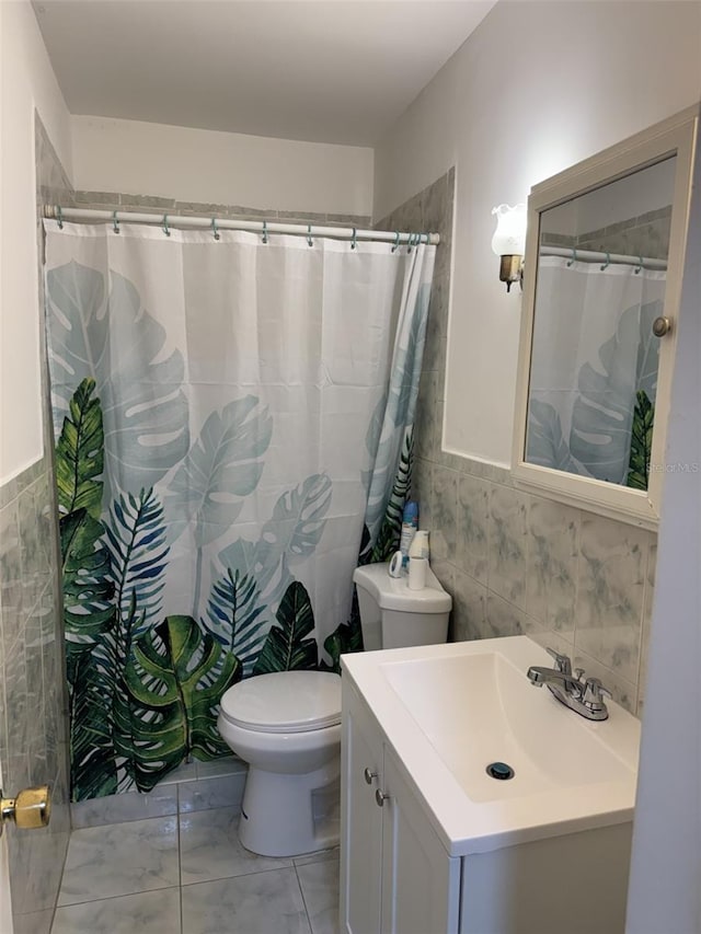 3565 NW 81st Ter, Miami, FL 33147 - full bath with toilet, a wainscoted wall, a shower with shower curtain, vanity, and tile walls