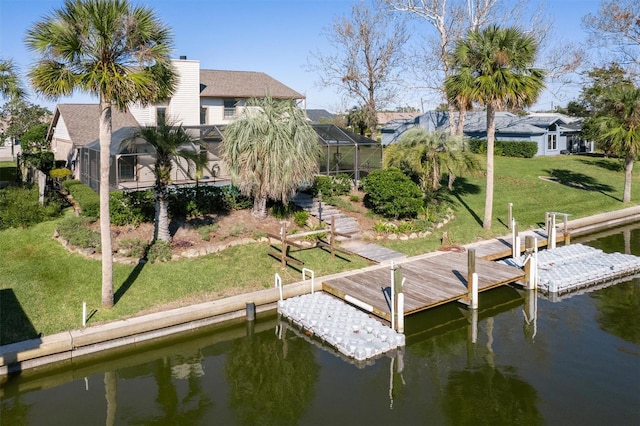 view of dock with a water view and a lanai