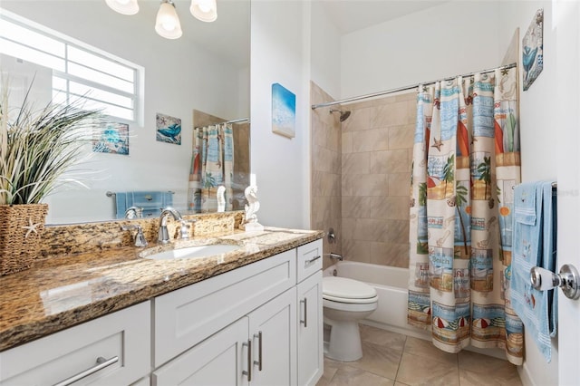 full bathroom with tile patterned floors, vanity, shower / bathtub combination with curtain, and toilet