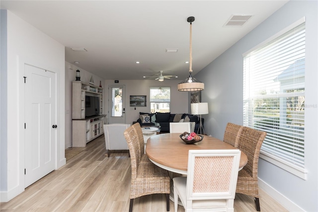 dining room with ceiling fan and light wood-type flooring