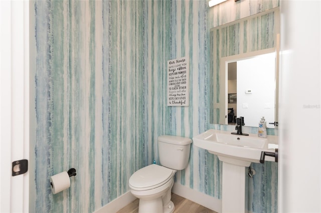 bathroom featuring wood-type flooring, toilet, and sink