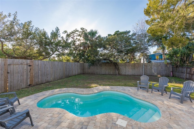 view of pool with a patio area and a yard