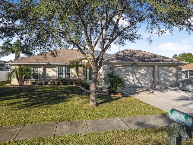 ranch-style house with a front lawn and a garage