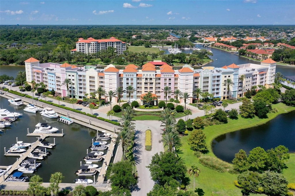 birds eye view of property featuring a water view