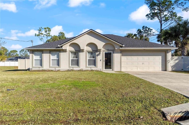 ranch-style house with a front yard and a garage