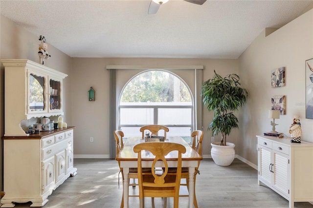 dining room with a textured ceiling, light hardwood / wood-style flooring, and ceiling fan