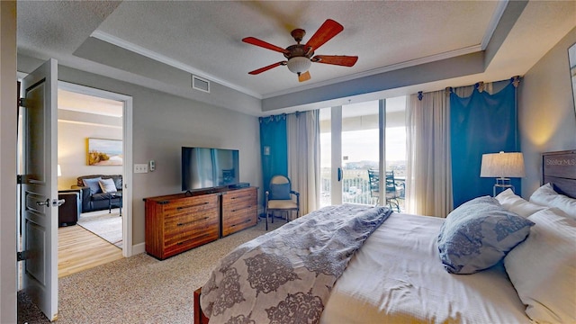 carpeted bedroom with a raised ceiling, access to exterior, ceiling fan, and a textured ceiling