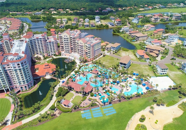 aerial view featuring a water view