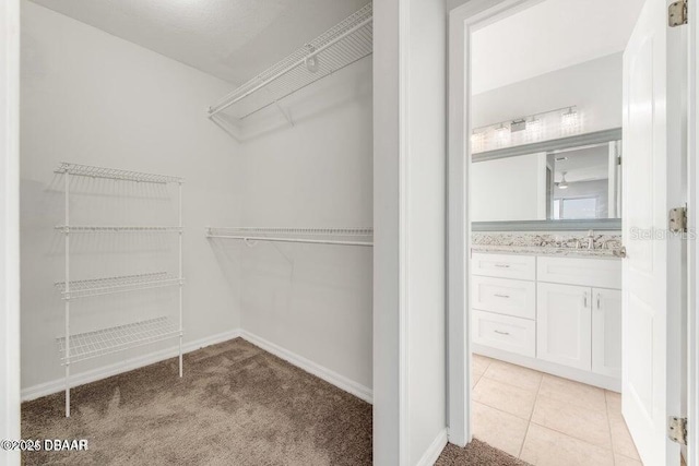 walk in closet with light carpet and sink