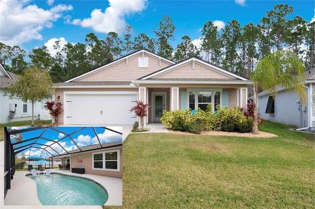 view of front facade with a garage, a patio area, and a front lawn