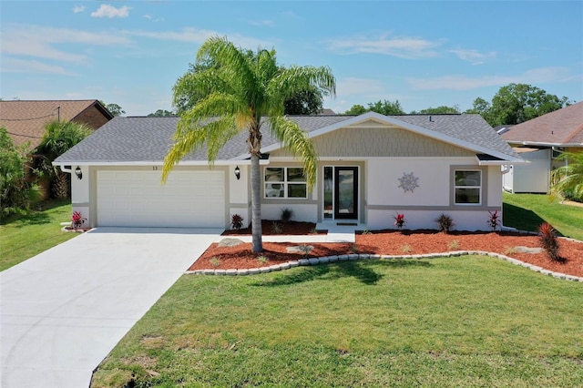 single story home with a front yard and a garage