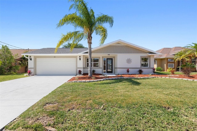 single story home with a garage and a front yard