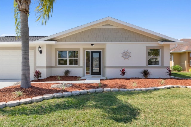 single story home with a front lawn and a garage