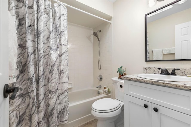 full bathroom with vanity, toilet, and shower / bathtub combination with curtain