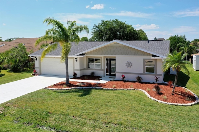 single story home with a garage and a front yard