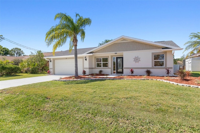 ranch-style home featuring a garage and a front lawn