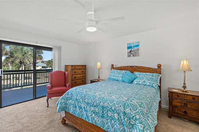 carpeted bedroom with ceiling fan and access to exterior