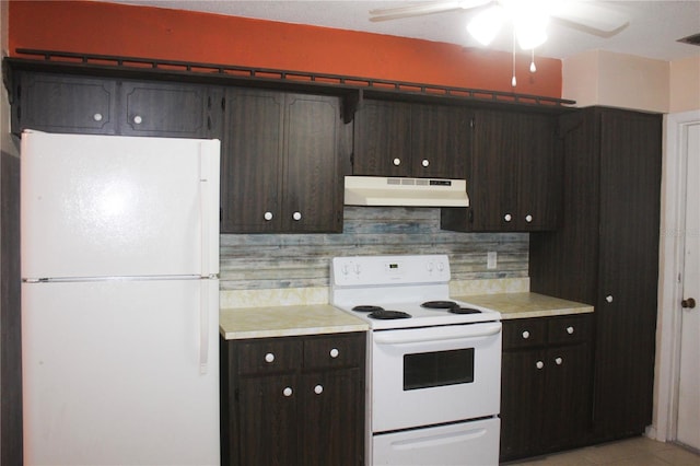 kitchen with decorative backsplash, white appliances, dark brown cabinetry, and ceiling fan