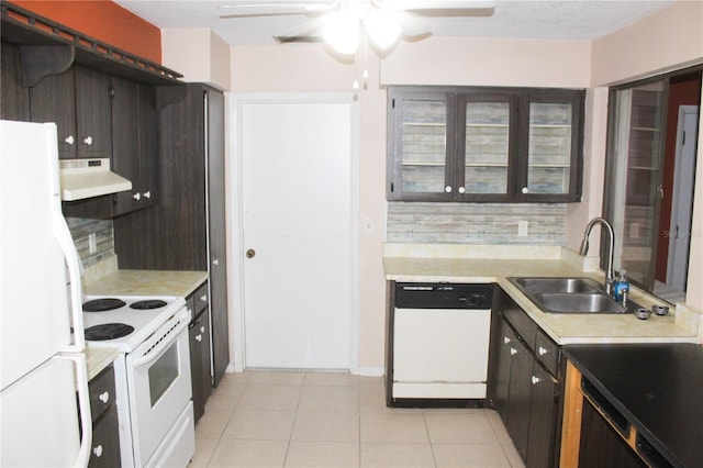 kitchen featuring white appliances, ventilation hood, ceiling fan, sink, and light tile patterned flooring