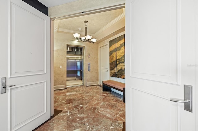 hallway featuring an inviting chandelier and ornamental molding