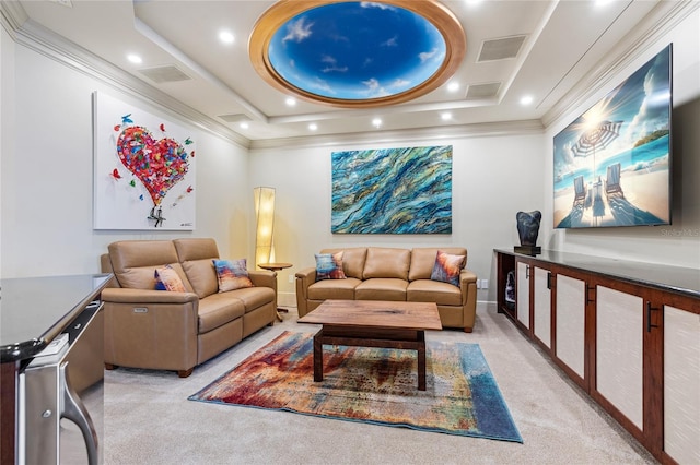 interior space featuring a raised ceiling and light colored carpet