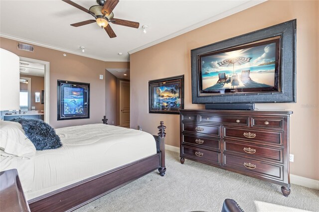 bedroom featuring light colored carpet, ceiling fan, and ornamental molding