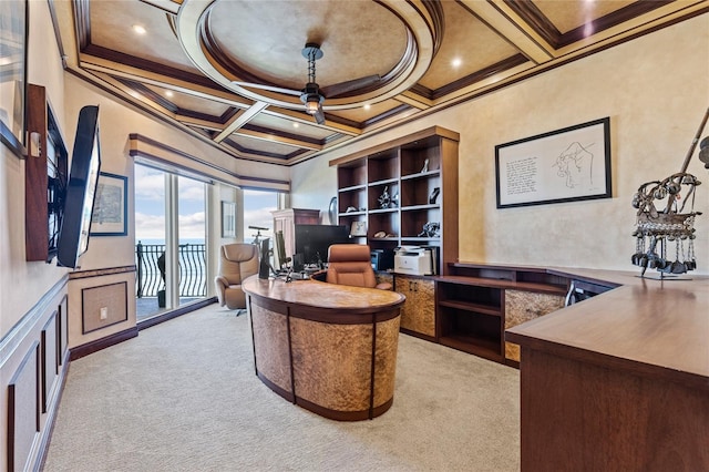 carpeted home office featuring crown molding, beamed ceiling, and coffered ceiling