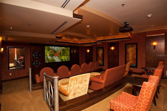 cinema with carpet and a raised ceiling