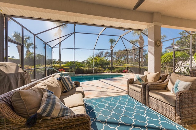 view of patio with an outdoor hangout area and a lanai