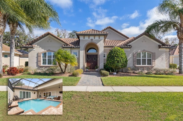 mediterranean / spanish-style home with a lanai and a front lawn